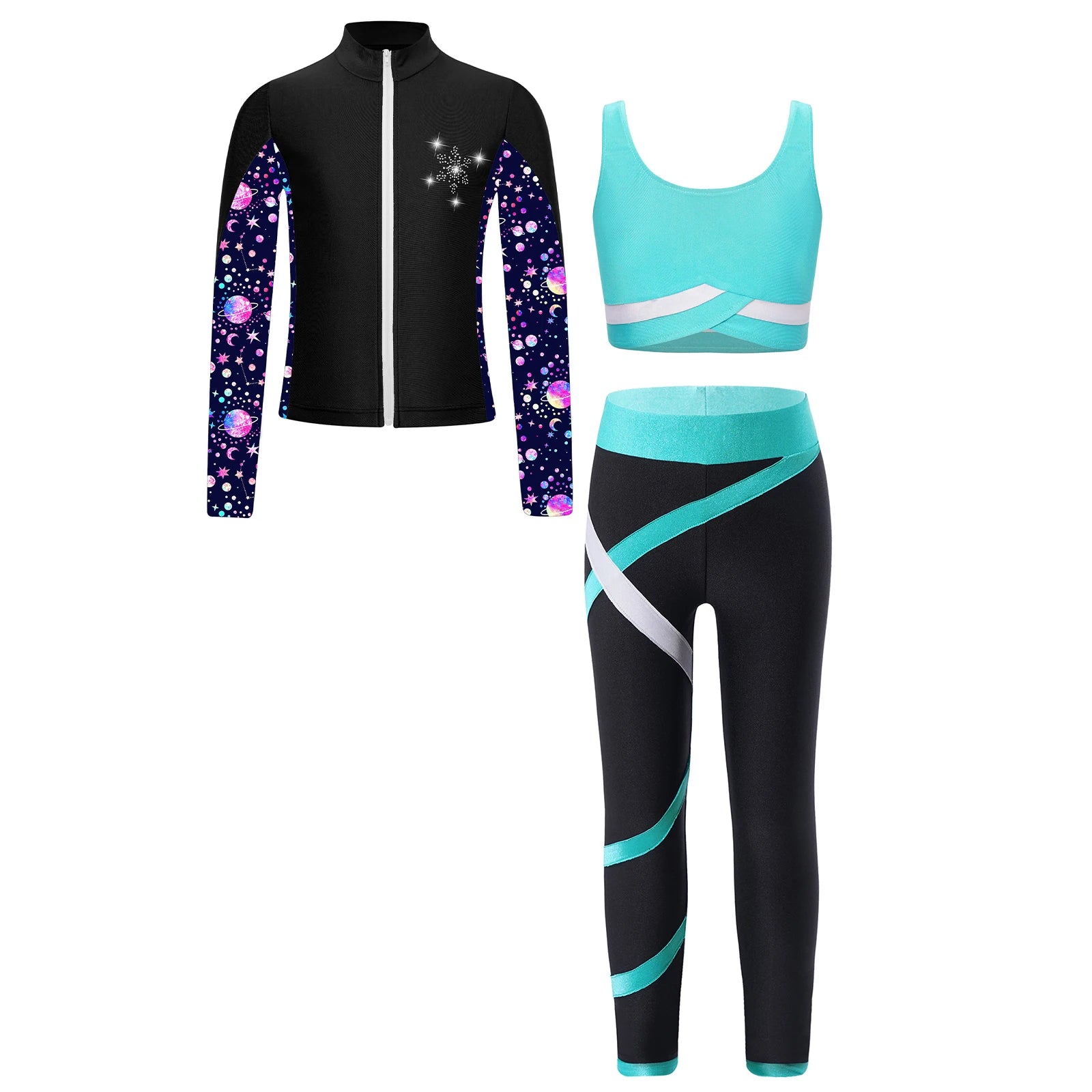 3Pcs Kids Girls Skating Athletic Fitness Workout Tracksuit Sleeveless Vest Top +Pants with Long Sleeve Zipper Sweatshirt Gym Set