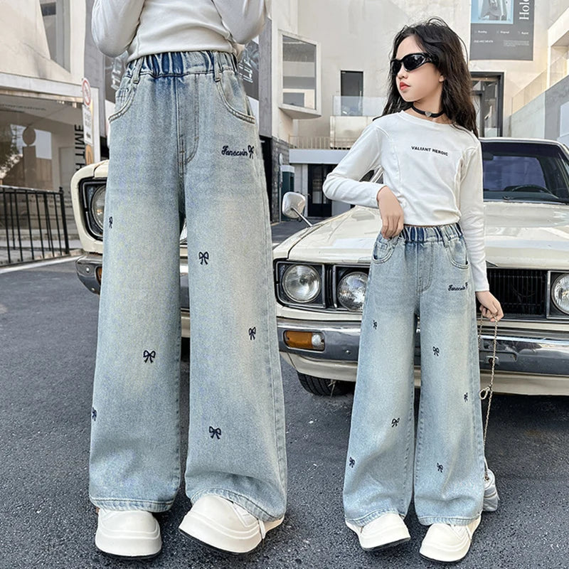 New 4-14 Years Spring Autumn Teenage Girls Jeans Full Print Bow Embroidery Fashion Wide-leg Denim Pants For Kids Ürün ana görseli