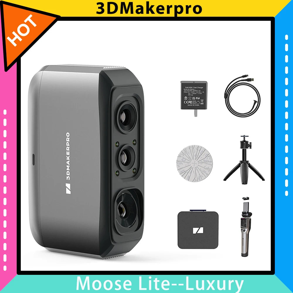 3DMakerpro Moose Lite 3D Scanner, NIR Light Source, 0.05mm Accuracy, 0.10mm Resolution, 24-bit Color Camera, 10fps Frame Rate, Anti-Shake Lenses, Compatible with Windows/MacOS - Luxury Version