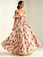 2026 summer off-the-shoulder tulip print plus size slimming square neck maxi dress