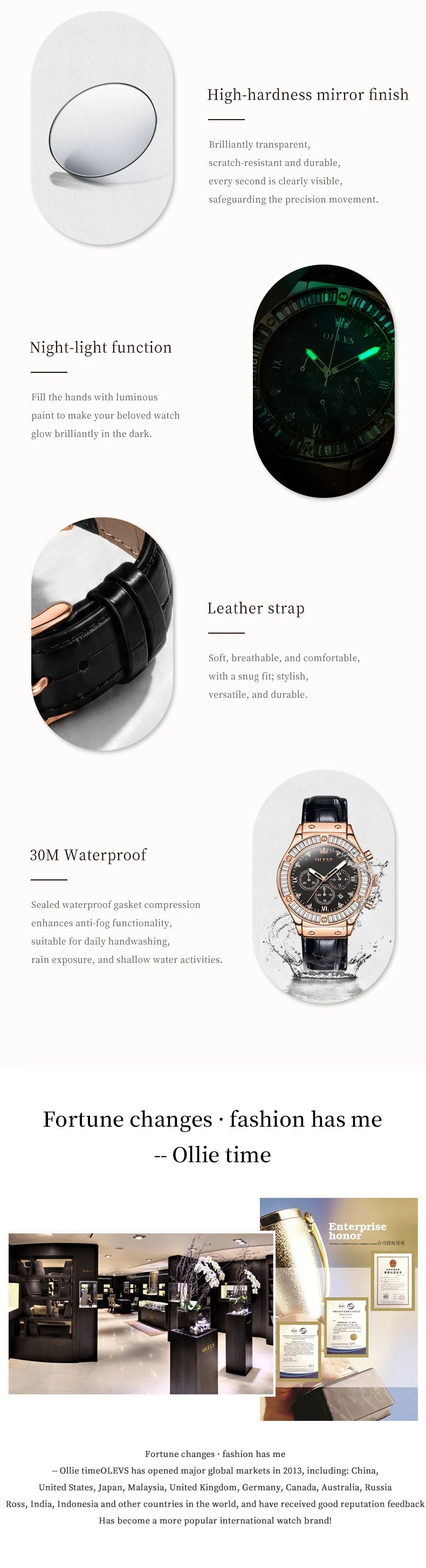 OLEVS 9978 Womens Watch Multifunctional Quartz Watch Waterproof Luminous Leather Strap Elegant Fashion Watches For Woman Gifts