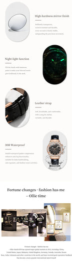OLEVS 9978 Womens Watch Multifunctional Quartz Watch Waterproof Luminous Leather Strap Elegant Fashion Watches For Woman Gifts