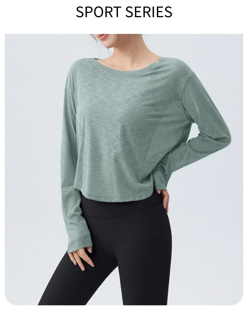 DRUR Women's Long Sleeve Yoga T-Shirts, Loose Fit Sports Fitness Crop Tops Casual Lightweight Thin Shirt For Gym Street Travel