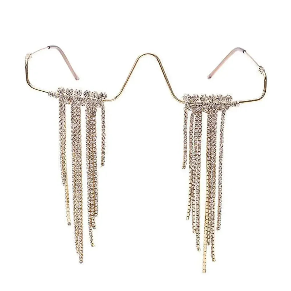 Fashion Tassel Half Metal Glasses Frame for Women Crystal Face Chain Jewelry Eyewear Kpop Makeup Rhinestone Accessory No Lens