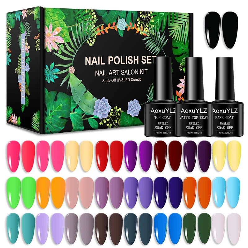 28Pcs/Set Gel Nail Polish Set Glass bottle Soak Off UV Gel Varnish Red Pink Colorful Gel Polish Matte Top Base Coat Nail Gel Kit