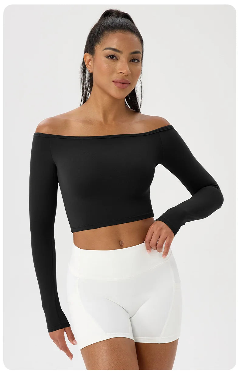 Yoga long-sleeved T-shirt women's one-shoulder sexy tight fitness wear top nude feel quick-drying sports sleeved Yoga Shirts