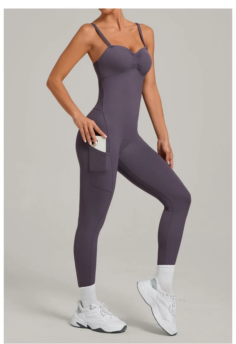 Women's Yoga Jumpsuits Sports Fitness One-piece Beauty Back Strap Pocket Hip-lifting Slim Fit Running Workout Training Bodysuits