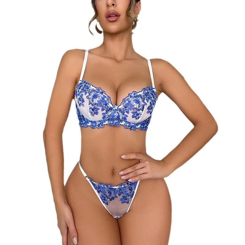 Blue Lingerie Set Lace Embroidery Bra Panty 2Piece Sheer Tulle Fantasy Underwear for Women Secondary image