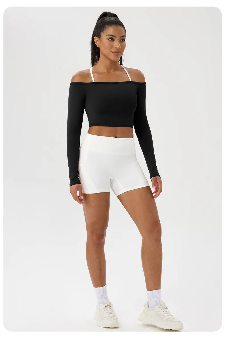 Yoga long-sleeved T-shirt women's one-shoulder sexy tight fitness wear top nude feel quick-drying sports sleeved Yoga Shirts