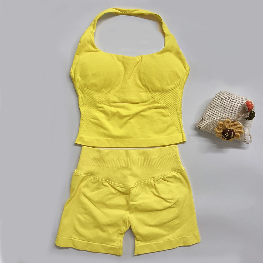 yoga outfits Women 2 pcs Sports DFNNYE Impact Set halterneck Backless Halter Top Seamless Scrunch Shorts Gym Workout Sports Suit