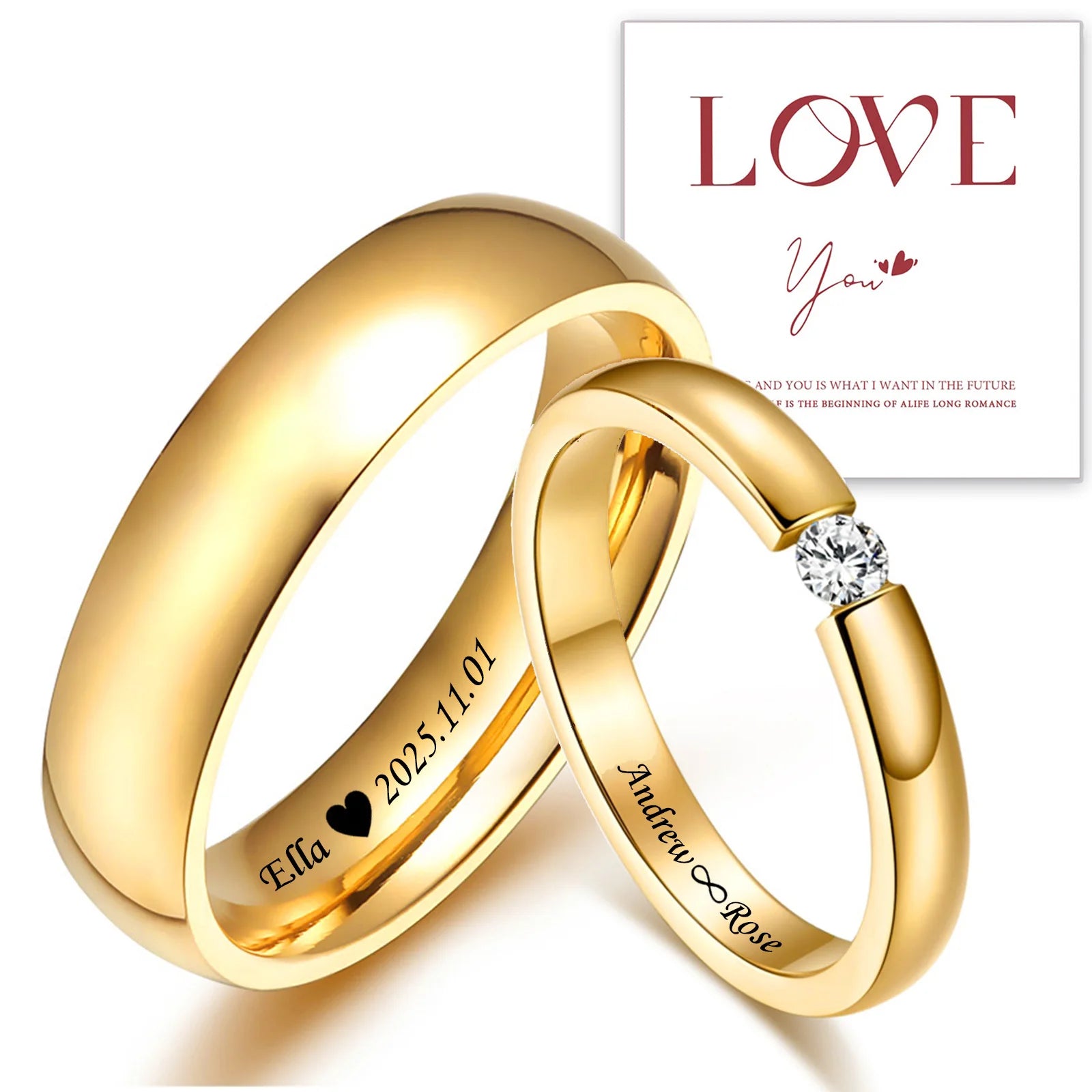 Custom Couple Rings Gift with Card Women Men PVD Plated Gold Name Rings Love Wedding Bands Personalized Name Ring Wedding Gifts