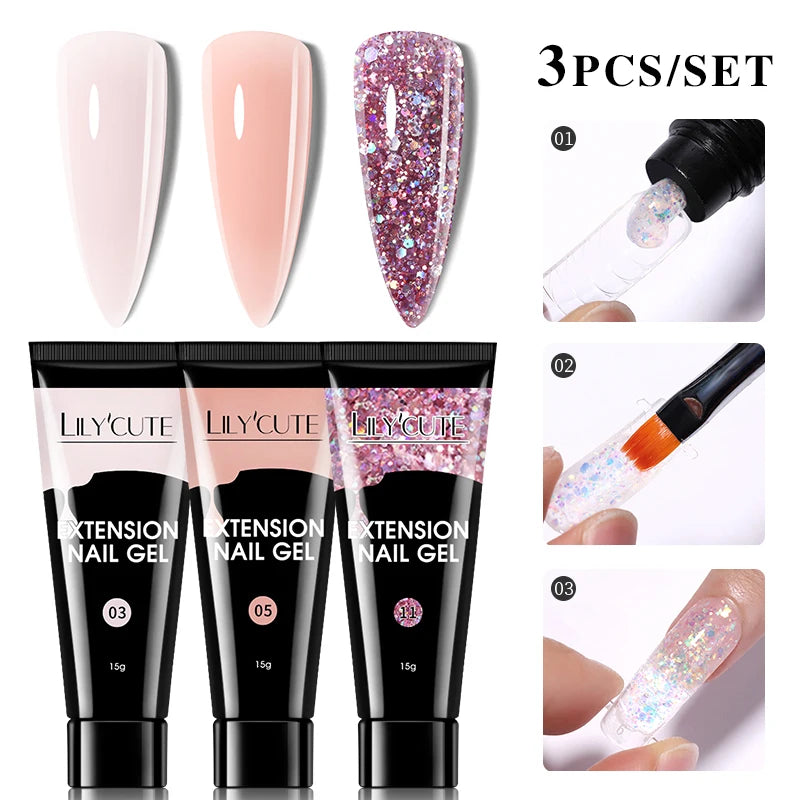 LILYCUTE 15ml Extension Gel Nail Polish Set Quick Nail Prolong With Extend Mold Nail Tips Acrylic Solution Manicure Tools Kit