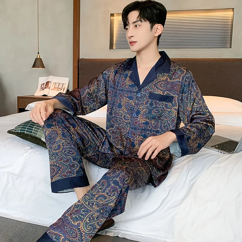 High Quality Pajamas Suit Men Summer Short Sleeve Shorts Ice Silk Sleepwear Male Summer Large Size Simple Casual Loungewear Set