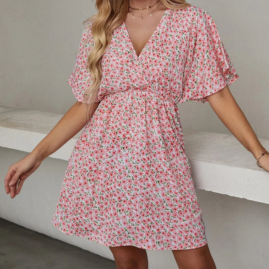 2024 Europe and the United States spring and summer new women's dress print V-neck short-sleeved casual loose dress women