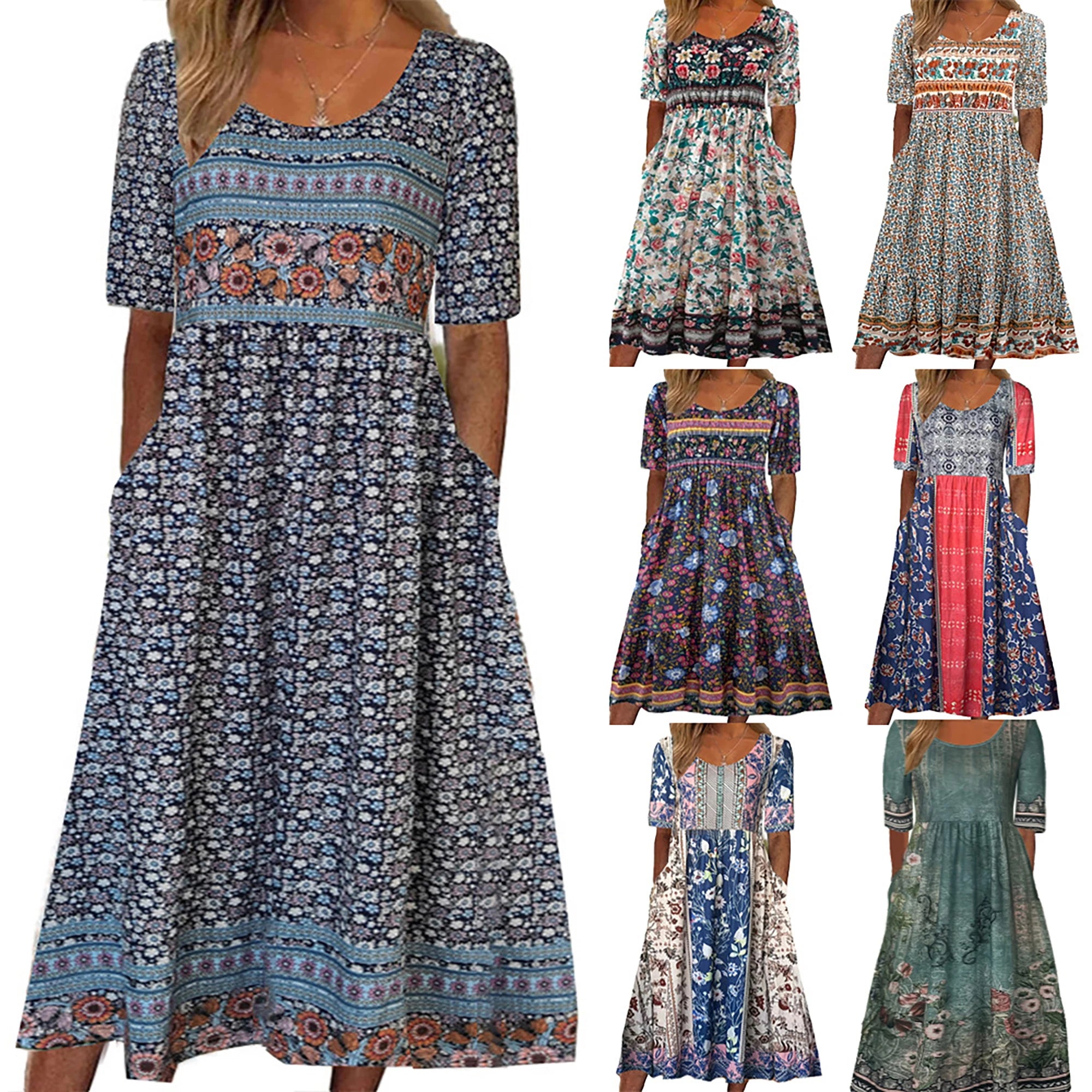 2025 summer new women's Bohemia loose fashion print round neck short sleeve long dress Ürün ana görseli