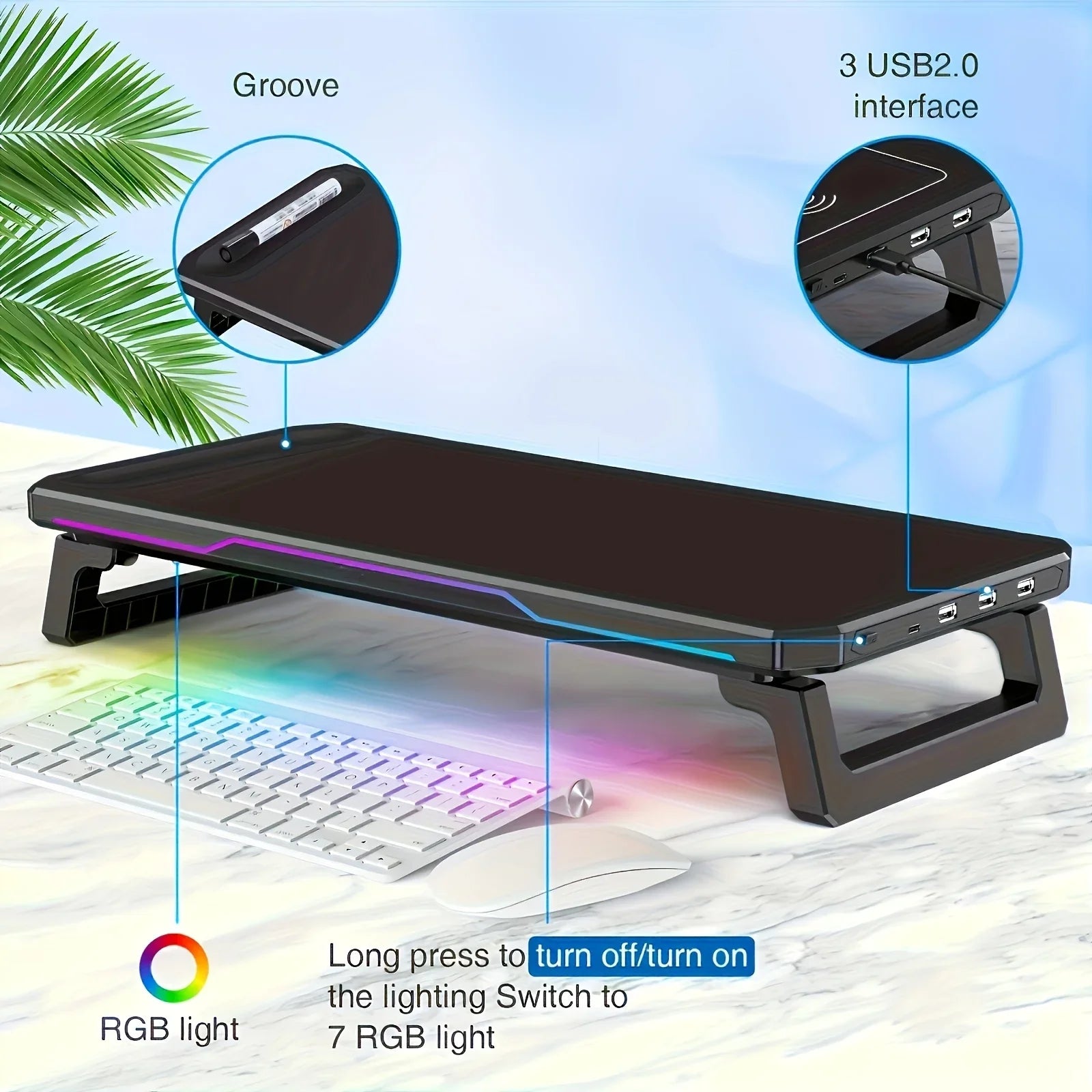 RGB Light Effect Rechargeable Desktop Monitor Height Stand 3 USB 2.0 Port Universal Laptop Storage Rack With Wireless Charging