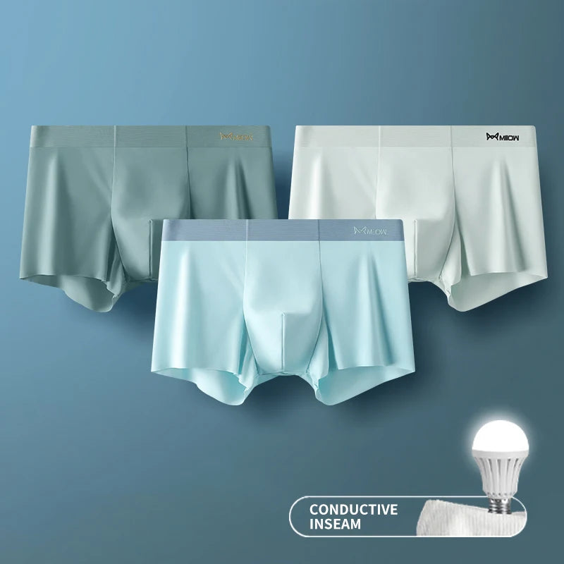 MIIOW 3Pcs Ice Silk Man Underwear Boxer Metal Fiber Antistatic Men Underpants Seamless Cut Hem Men's Panties Boxers Shorts Trunk