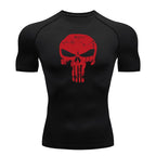 Skull Print Compression Shirts for Men Gym Workout Running Tshirts Sporty Athletic Quick Dry Tees Tops Short Sleeve Rash Guard