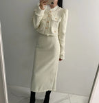 Beige Tweed Jacket + High Waisted Skirts Women Winter  Golden Button 2 Piece Sets Wool Luxury Vintage Skirts Sets Autumn
