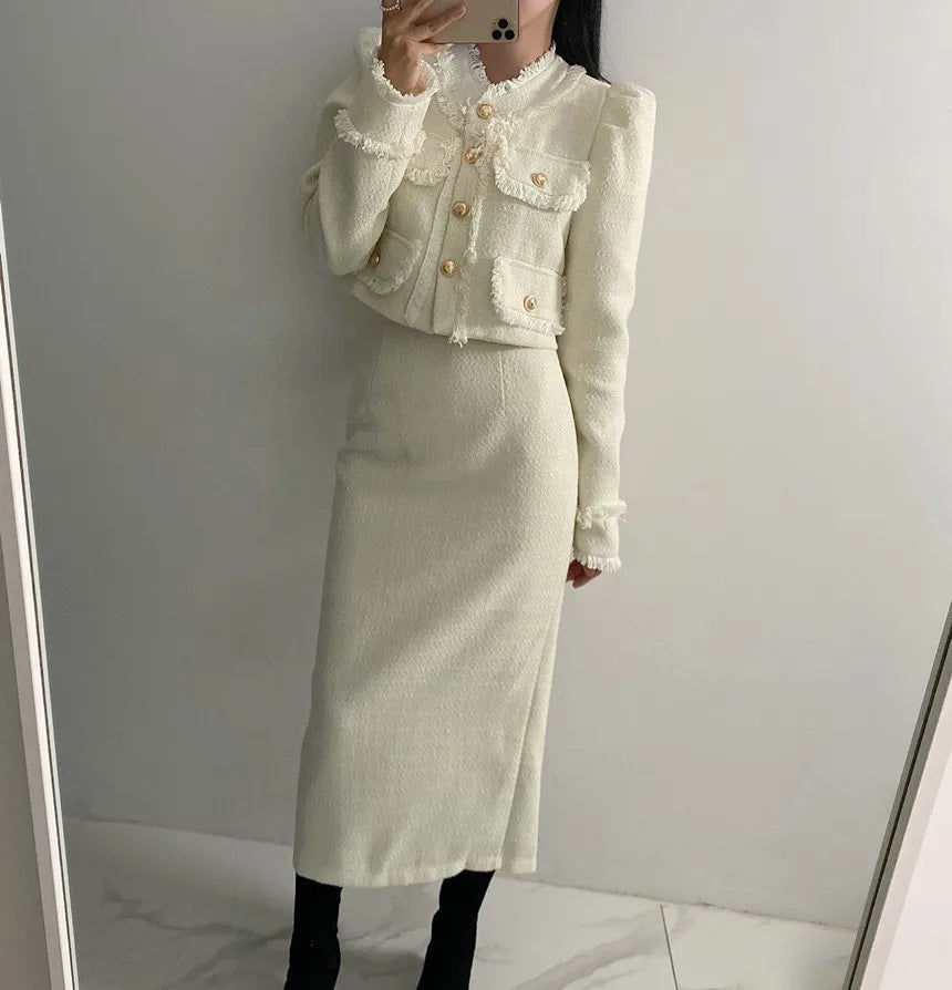 Beige Tweed Jacket + High Waisted Skirts Women Winter  Golden Button 2 Piece Sets Wool Luxury Vintage Skirts Sets Autumn