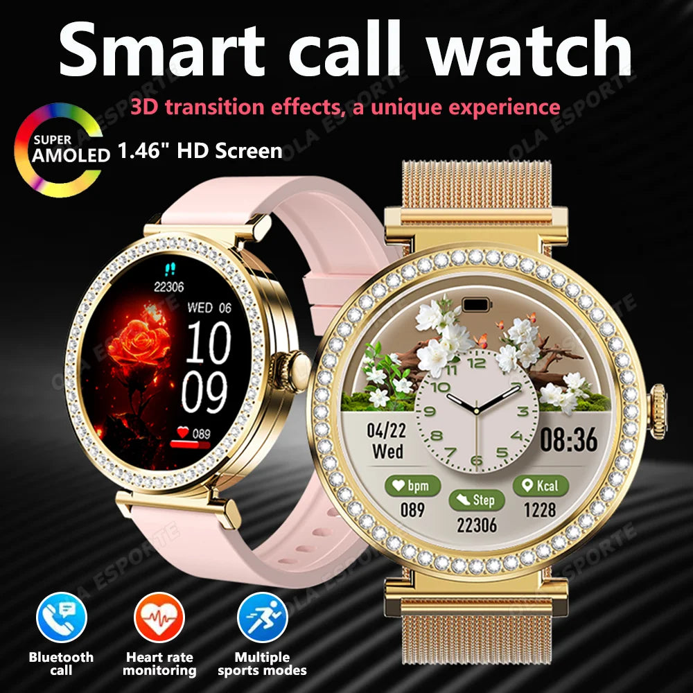 Fashion Zircon Smart Watch 1.46" AMOLED Screen 5.4 Bluetooth Call Heart Rate Temperature Monitoring Women Smartwatch Pedometer