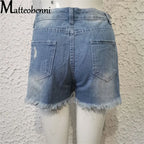 2024 Summer New Women Ripped Repaired Denim Shorts High Waist Bodycon Distressed Hole Bottoms Casual Pockets Sexy Short Jeans