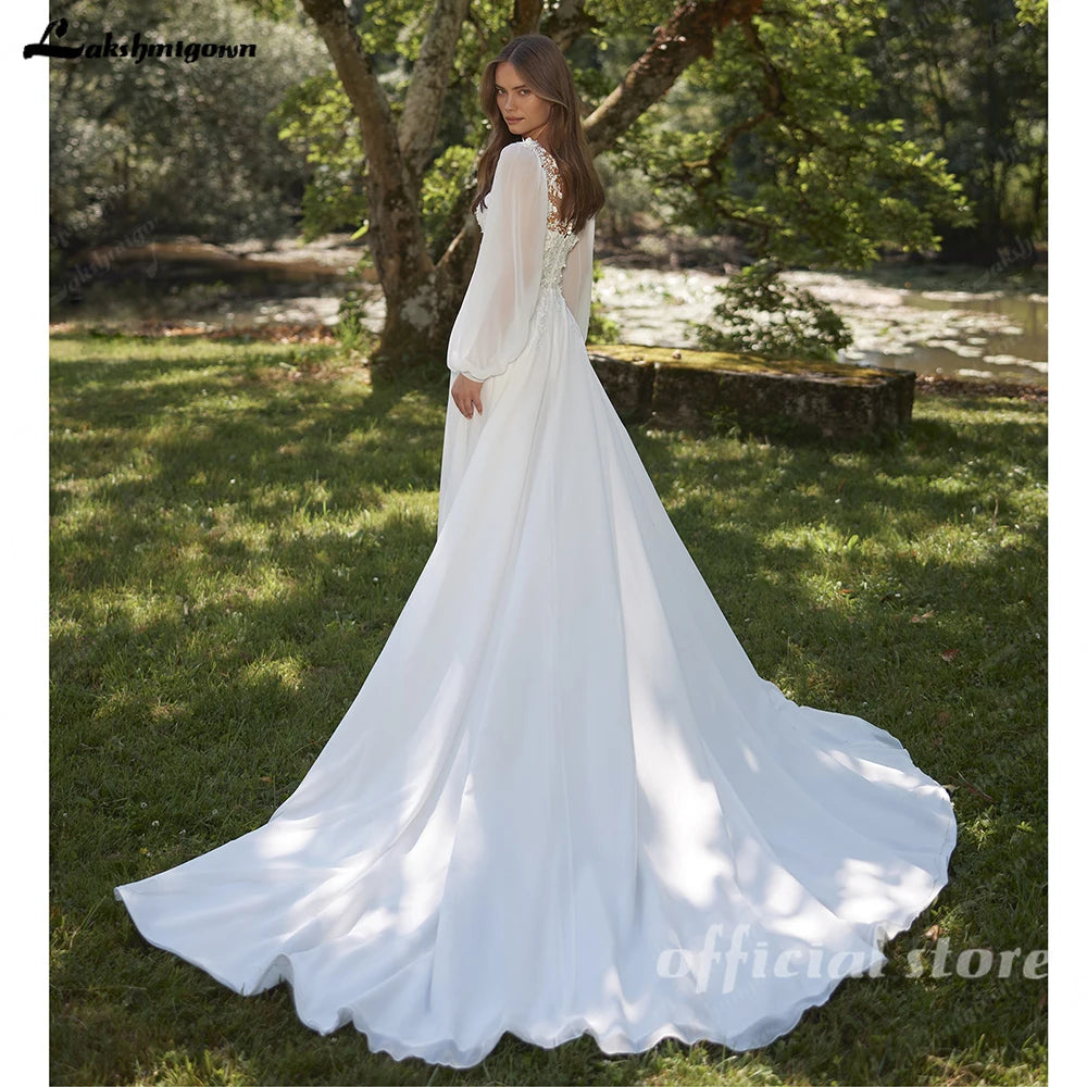 Lakshmigown Chiffon Beach Wedding Dress 2026 Beading Lace Full Sleeves V-neck Appliques Wedding Gown Bridal Gowns Customized Secondary image