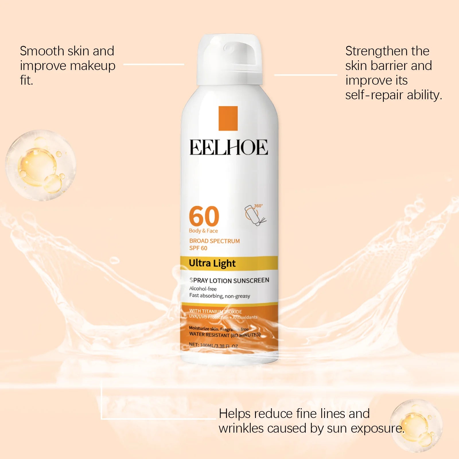 EELHOE Sun Protection Face Spray, Hydrating Moisturizer with UV Filter Lightweight Daily SPF60 Mist for Sensitive Skin Oil-Free