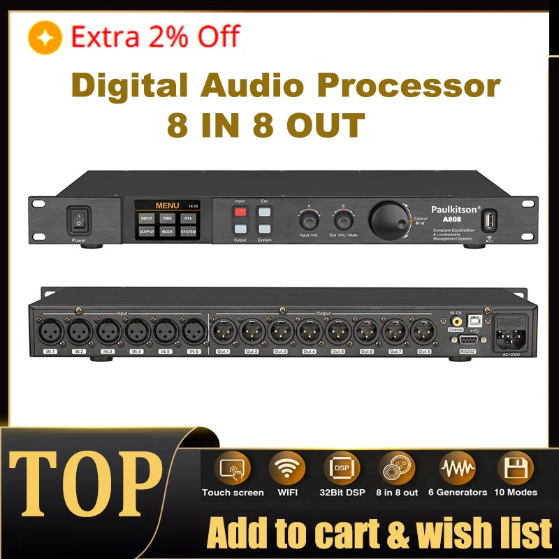 Paulkitson A808 Processor Digital Professional Audio Processor 8 In 8Out 32Bit DSP 7Band EQ Equalizer WIFI  USB Without Noise Ürün ana görseli