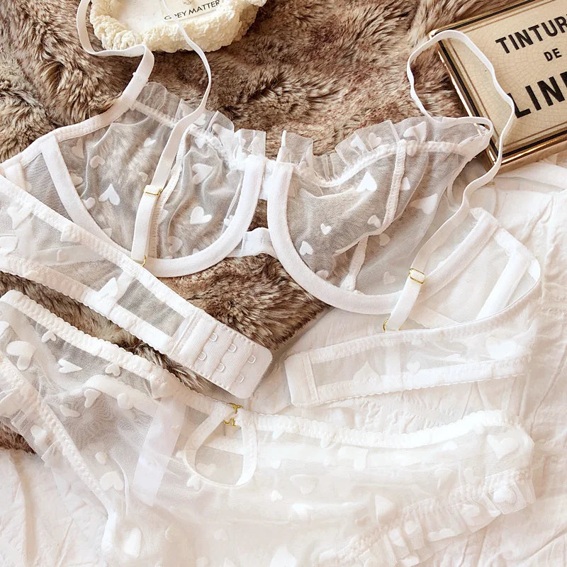 New Lingerie Thongs Set Sexy Ultra Thin Transparent Bra Women Underwire Push Up Bra Set Summer Romantic Peach Heart Underwear