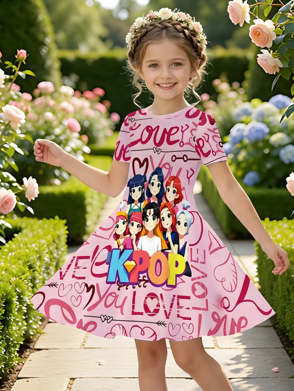 Kpop Cartoon Graphic Dress for Girls Funny Gift for Fan Harajuku Girl Clothes Summer Tops Short Sleeve Dress Children's Clothing