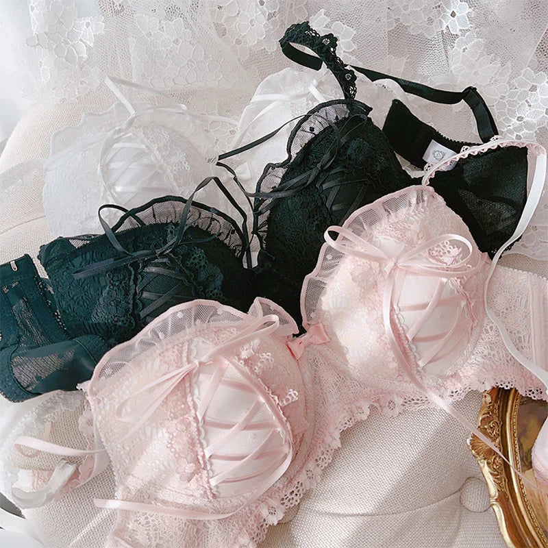 Lolita Girls Lace Padded Bra Sets Women Underwear Intimates Bralette Lingerie Japanese Ruffled Sweet Sexy Thin Cup Panties