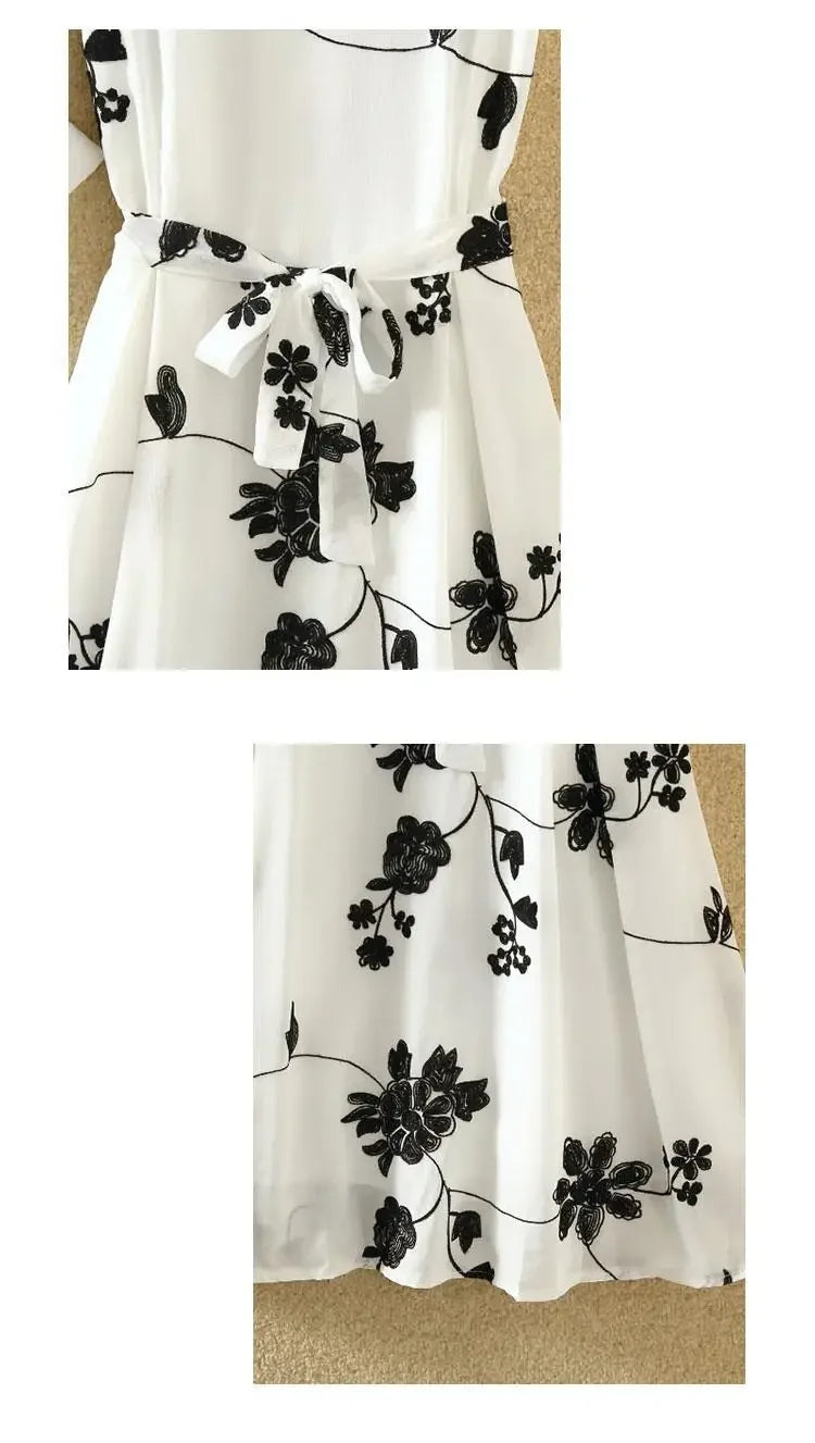Elegant New Suit High Waist Sleeveless Slim A-line Skirt Floral Two-piece Dress Embroidery White Top Bow Belt Vintage Women