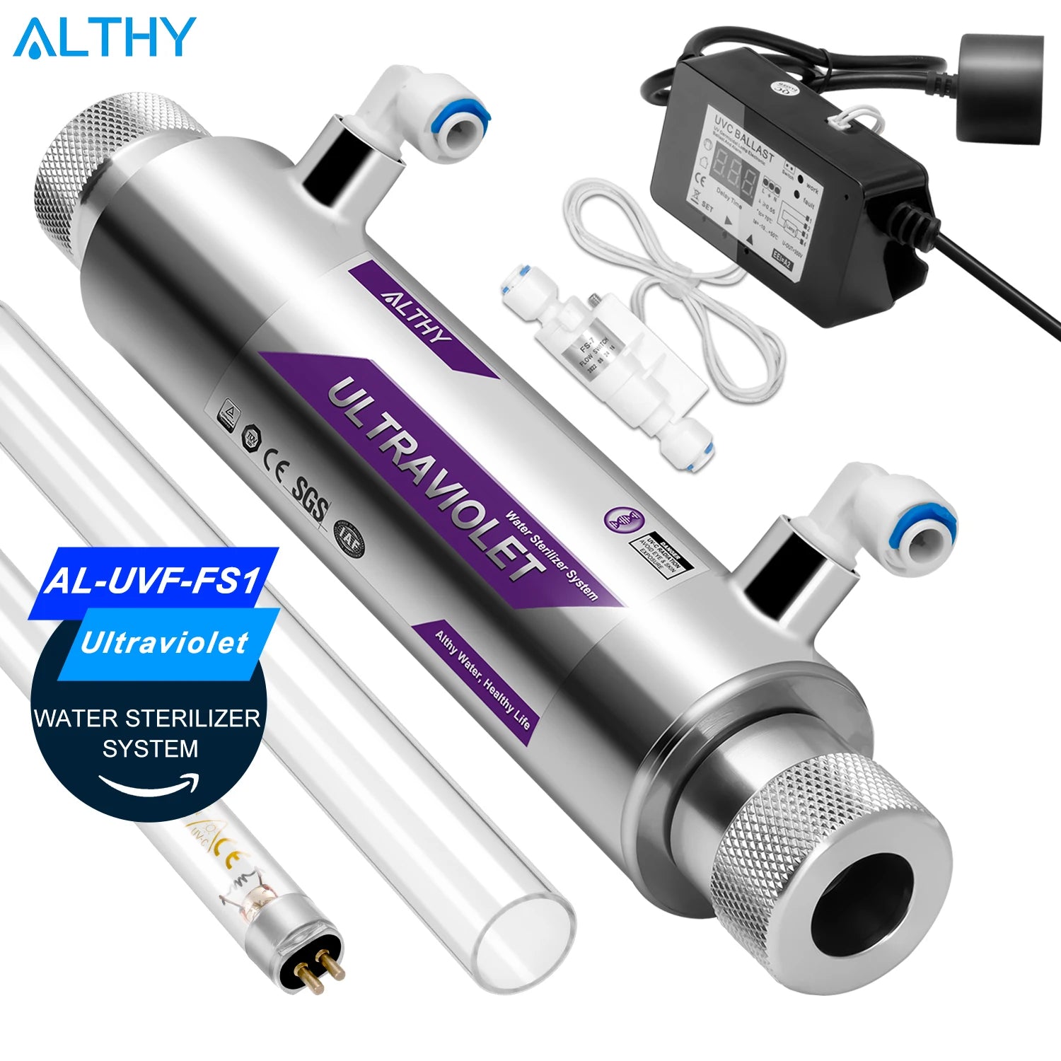 ALTHY UV Ultraviolet Water Sterilizer Purifier System Disinfection Filter Lamp + Flow Switch Control Stainless Steel 1GPM Main image