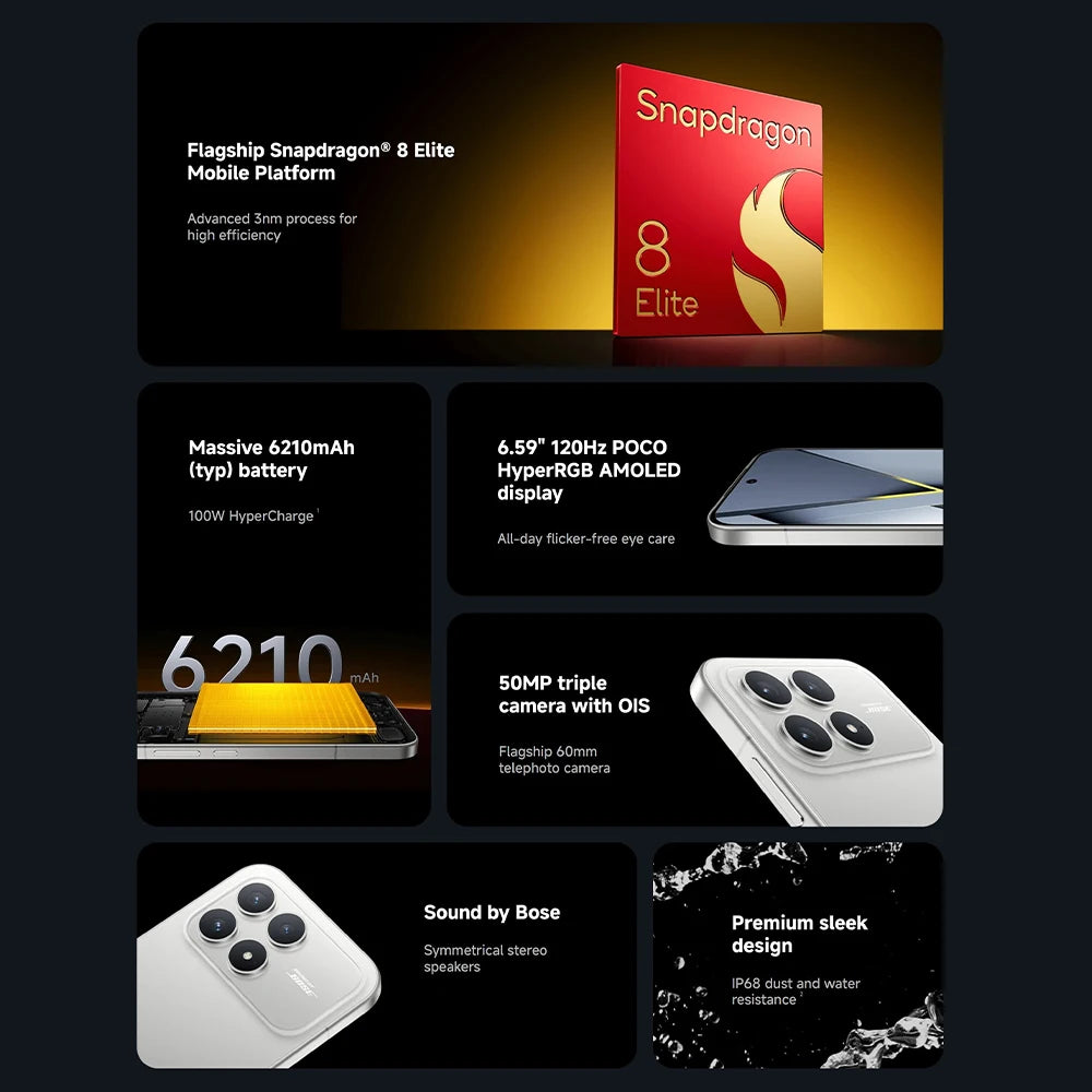 Global Version POCO F8 Pro 5G 6.59" Snapdragon® 8 Elite Mobile Platform 100W HyperCharge 6210mAh 50MP camera NFC IP68 XIaomi