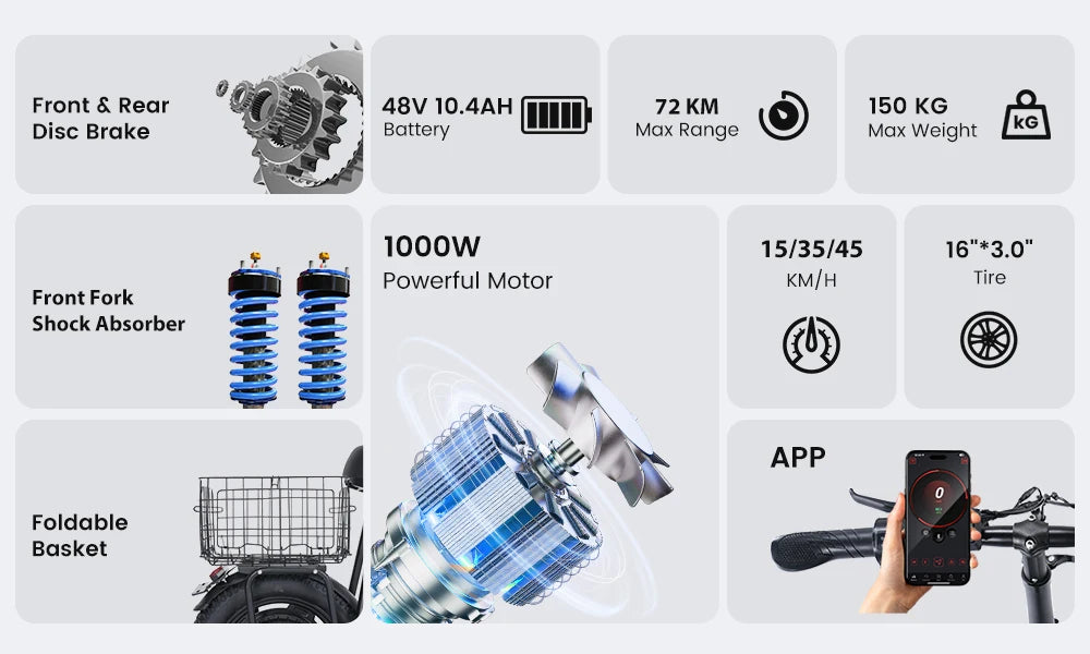 iScooter F7 48V 1000W E-Scooter 45km/h 72km Range App Control 16" All-Terrain Tires Foldable Rear Basket Perfect Grocery Helper