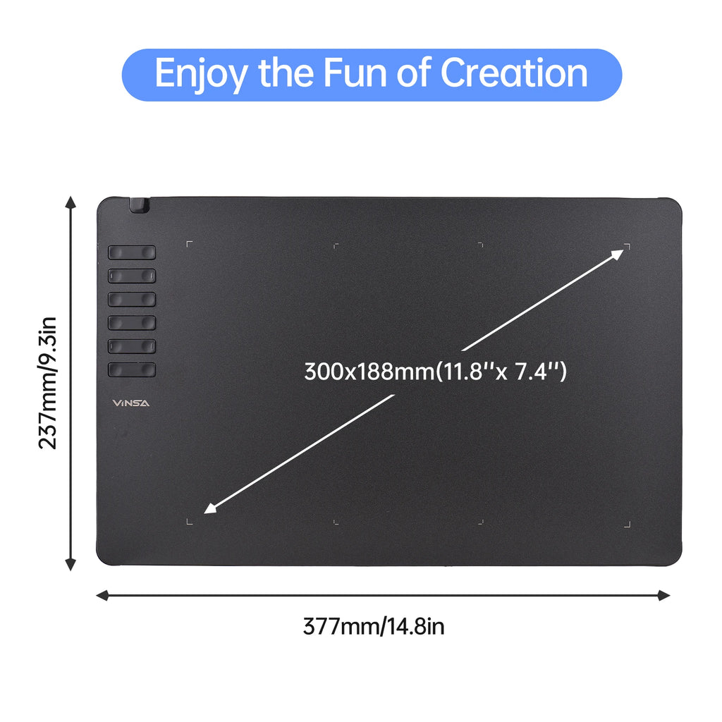 VINSA T1161 Graphics Drawing Tablet Ultra-thin Art Creation Sketch with Battery-free Stylus 8 Pen Nibs 8192 Levels Pressure