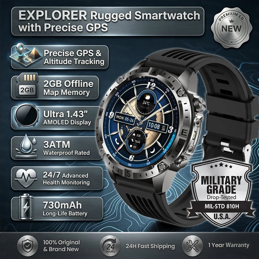 GPS Sports Smartwatch Men Women Swim Waterproof Fitness Tracker 2GB Memory Offline Maps  SpO2 Rugged Outdoor Smartwatch for Men