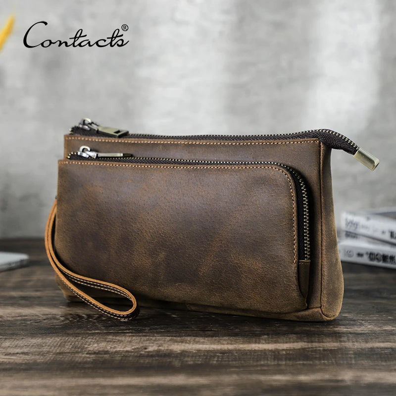 CONTACT'S Genuine Leather Men Clutch Bag Design Handbag Long Wallet Male Purse Travel Charge Storage Bag Cable Organizer Ürün ana görseli