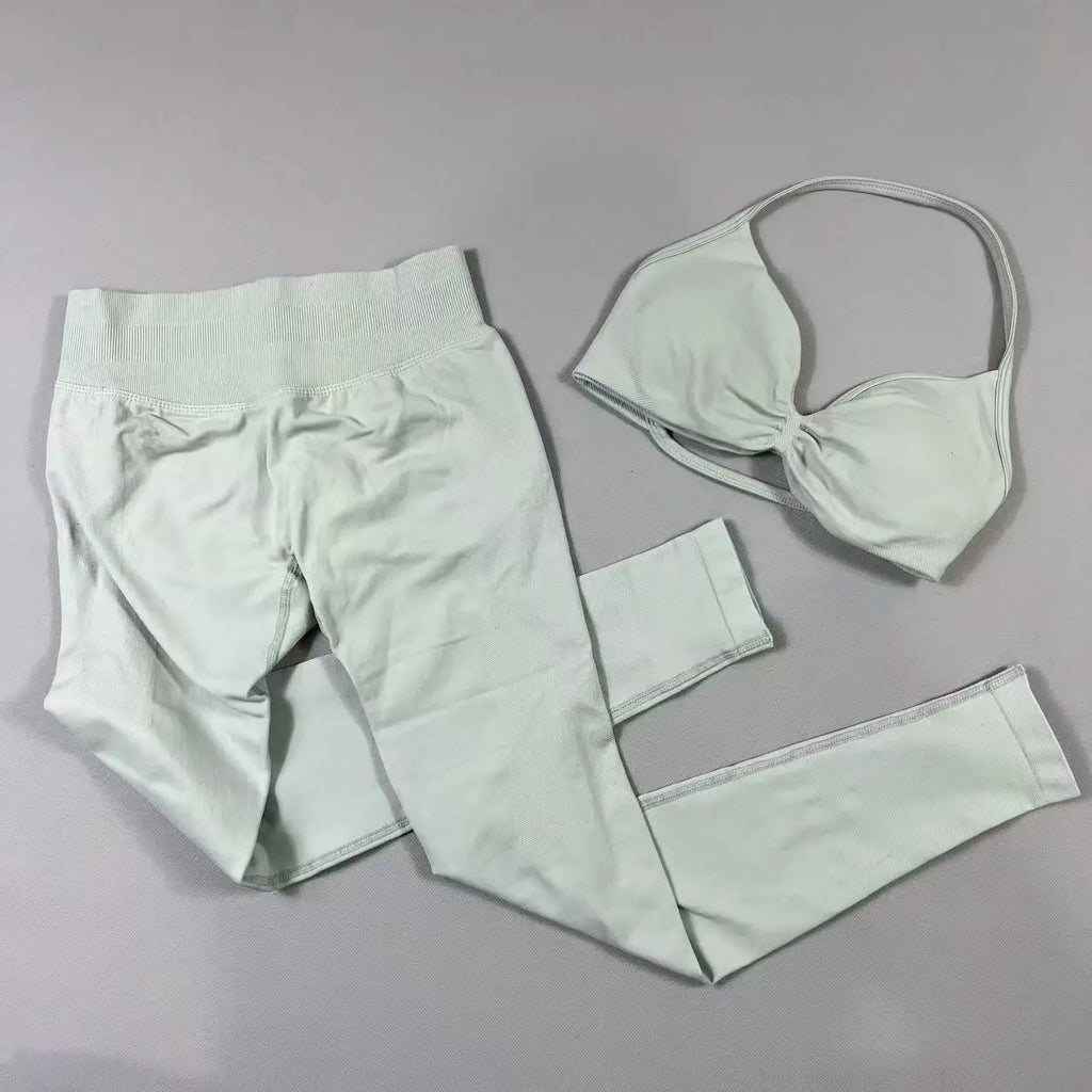 UETEEY Set For Woman Strappy Yoga Bra Sports Top Workout Leggings Set Seamless Gym Set Fitness Clothes Outfit Activewear
