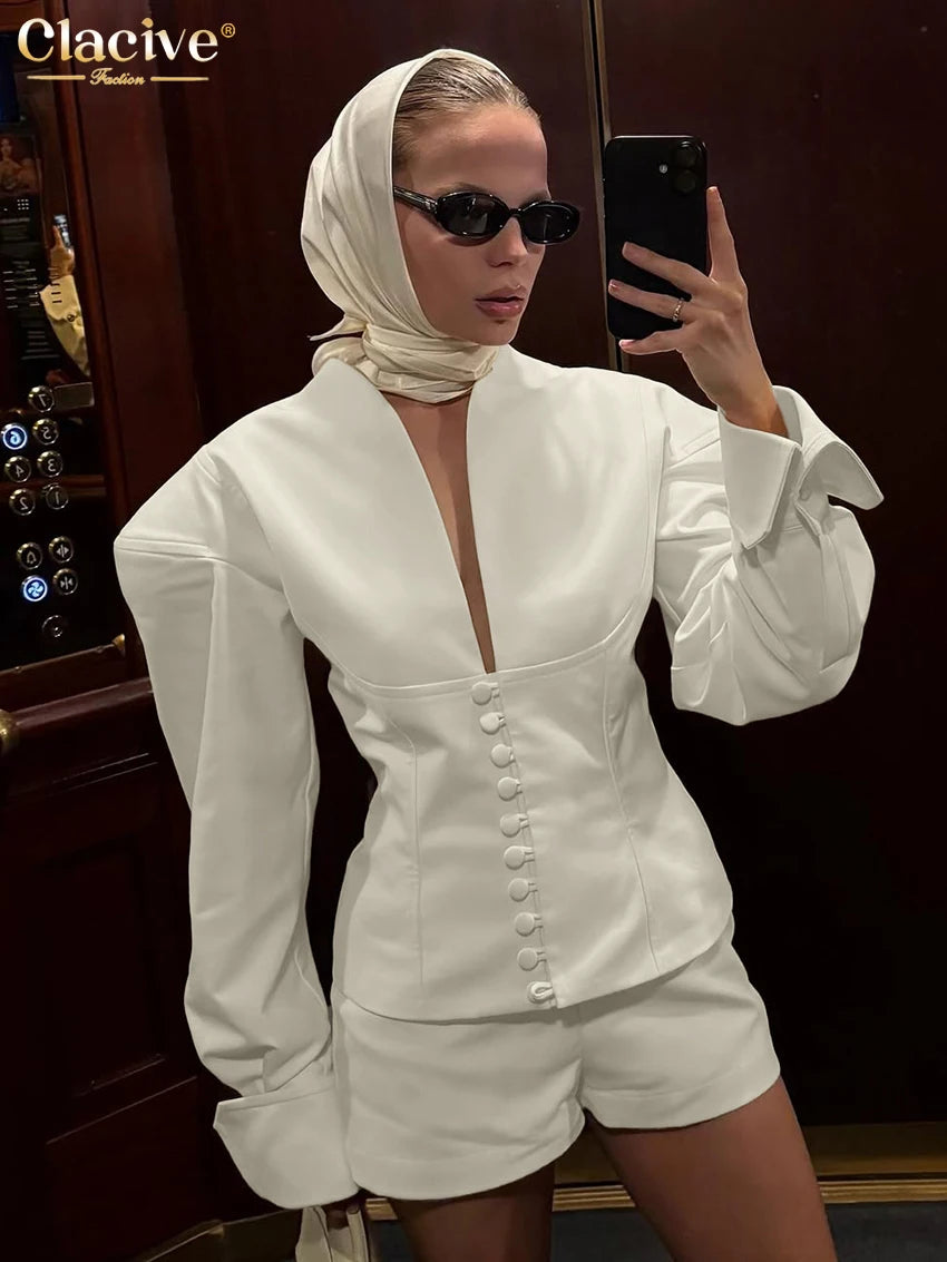 Clacive Fashion Loose Beige Women's Two Pieces Set 2025 Sexy Long Sleeve Shirt With High Waist Shorts Set Female Streetwear Ürün ana görseli