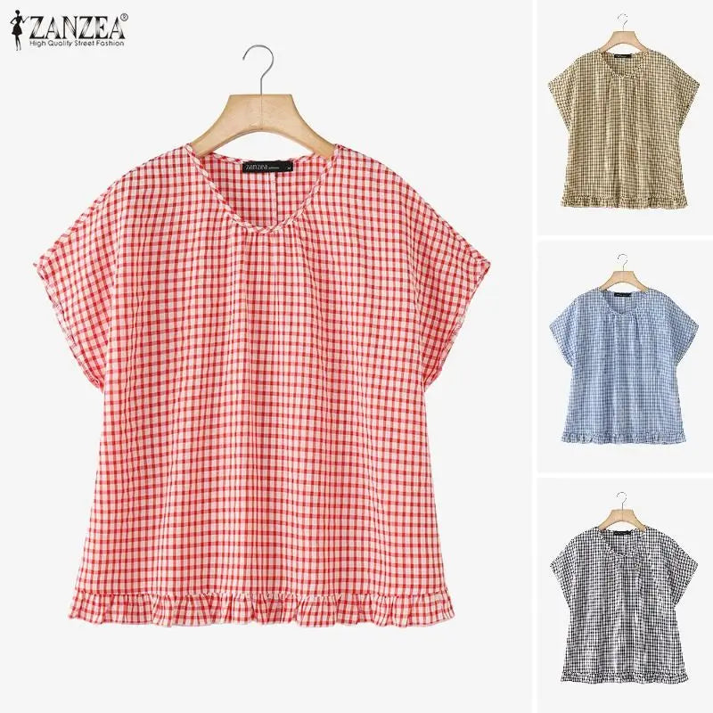 Women Summer Plaid Checked Blouse ZANZEA 2026 Fashion O Neck Short Sleeve Tops Casual Loose Holiday Shirt Elegant Work Blusas Ürün ana görseli