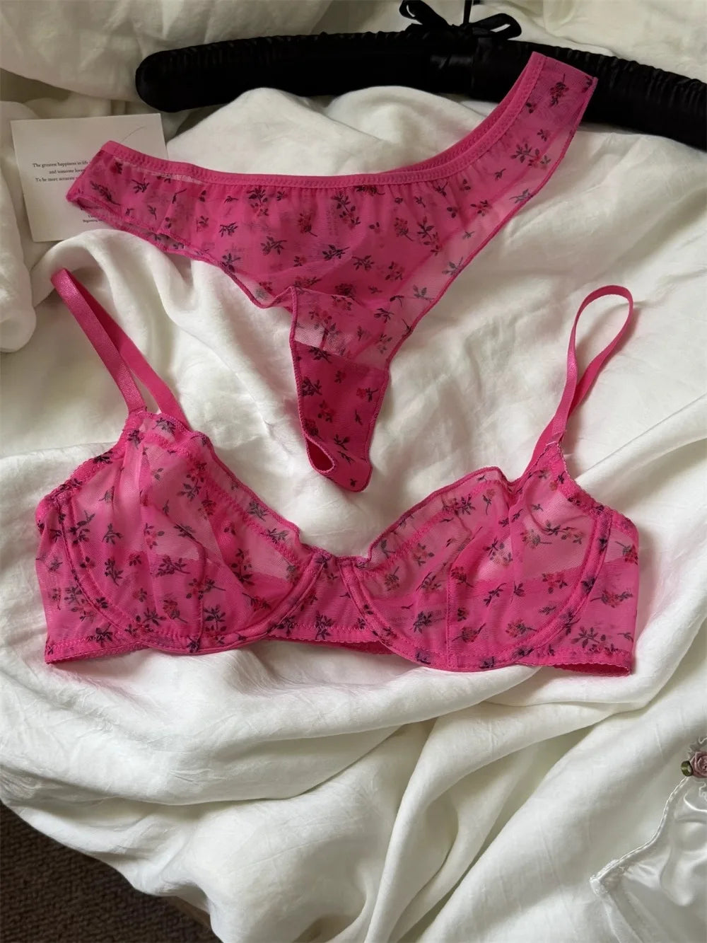 French Ultra Thin Lingerie Set Sexy Lace Floral Prints Bra Fashion Women Underwear Mesh Breathable Intimates Bras and Thong Sets