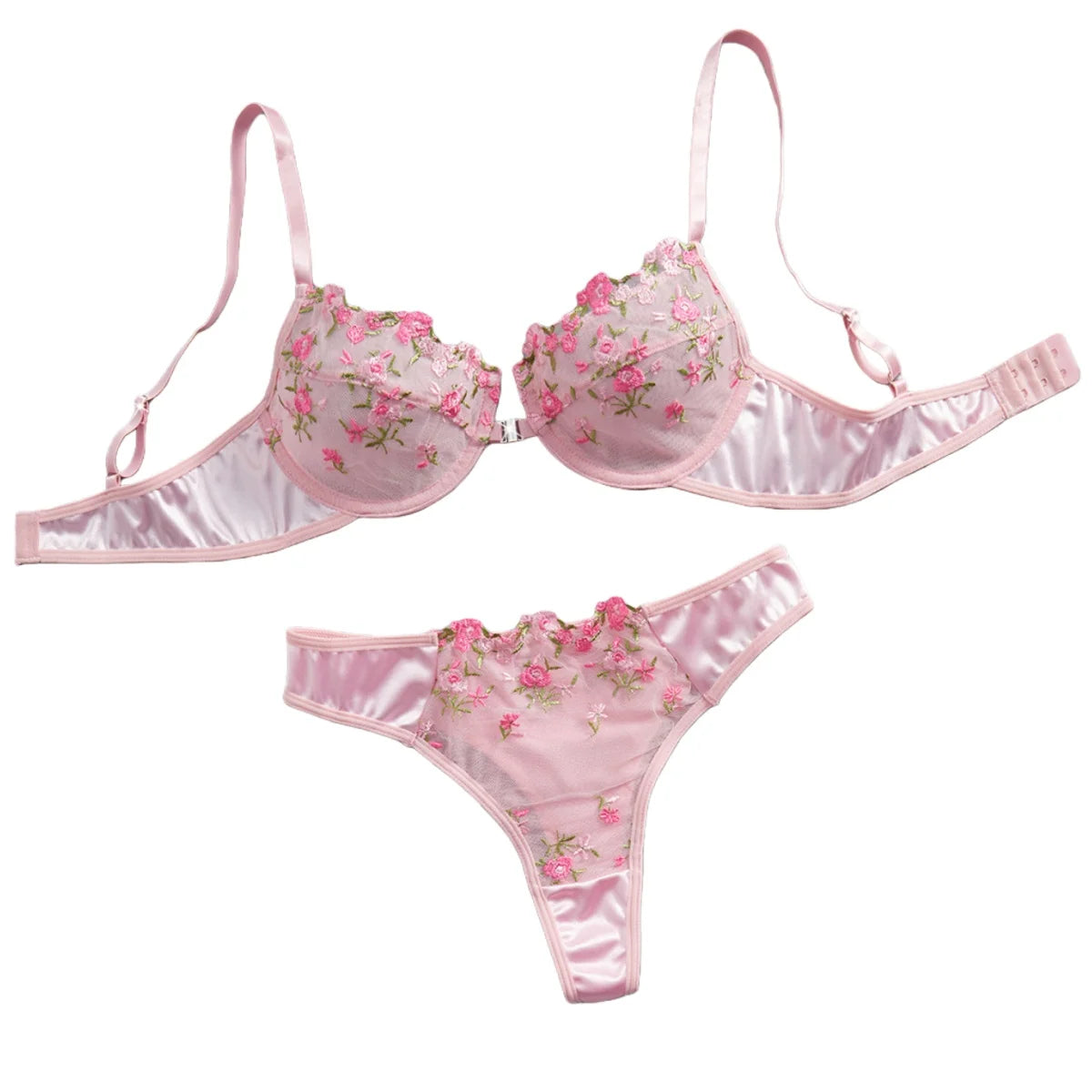 Pink Floral Embroidery Lingerie Set 2PCS Underwired Semi-Sheer Front Closure Back Double Hooks Sexy Underwear for Romantic Occas Main image