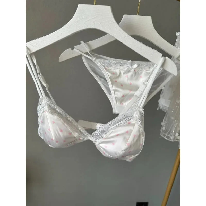 French Style Sweet Triangle Cup Lingerie Set Women Satin Lace Wireless Small Bust Gathered Thin Fabric Sexy Soft Underwear S-XL