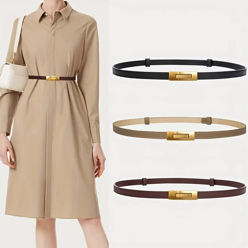 Adjustable Women’s Skinny Thin Belt, Classic Solid Color Genuine Leather Waistband for Trendy Coats and Dresses Ürün ana görseli
