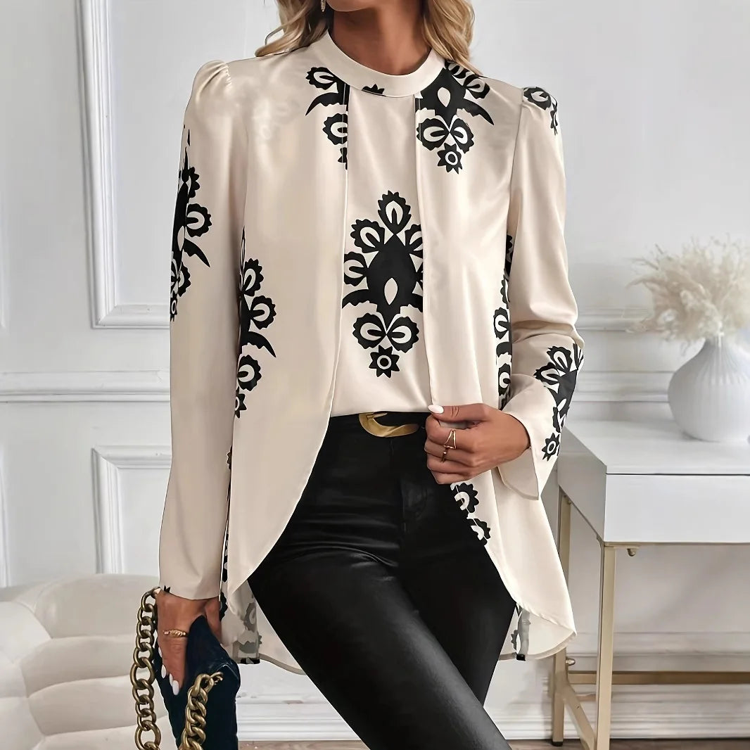 2026 Fashion Long Sleeve Print Blouses Women Spring Elegant Office Ladies Tops Femme Fake Two Pieces Blouse Shirts Women's Top Ürün ana görseli
