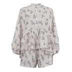 Casual Beige Print Women's Two Pieces Set Fashion Stand Collar Wrist Sleeve Ruffled Shirts And High Waisted Shorts Suit Woman