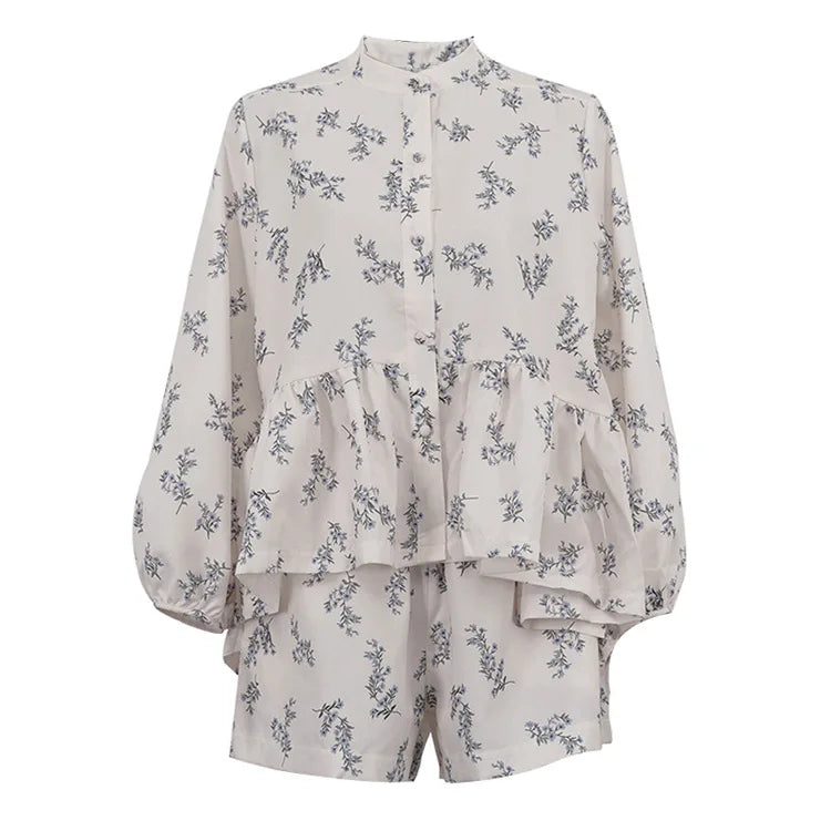 Casual Beige Print Women's Two Pieces Set Fashion Stand Collar Wrist Sleeve Ruffled Shirts And High Waisted Shorts Suit Woman