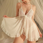 New Deep V Slip Dress Thong Bra And Brief Set Nightgown Contrast Lace Ruffle Trim Lingerie Set Women's Sexy Lingerie Underwear